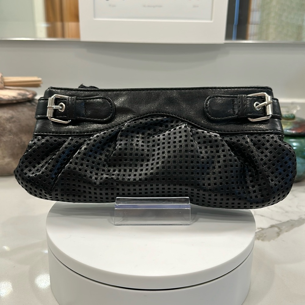 Max Rave - Black Perforated Faux-Leather Wristlet - Buckle Details - VGUC